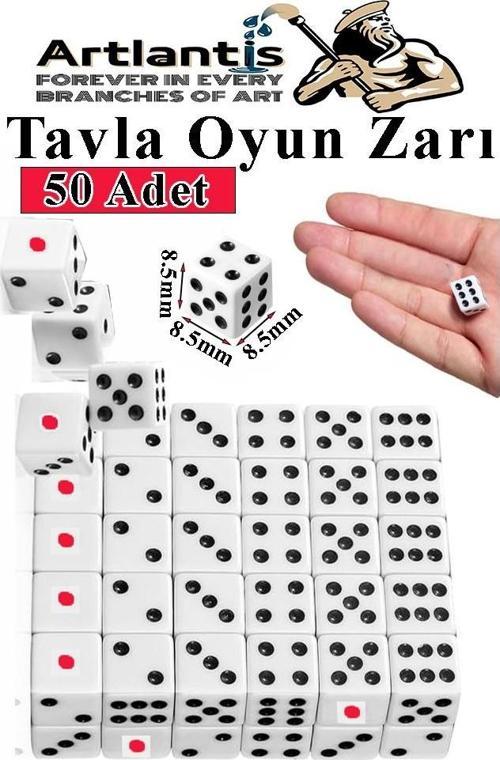 Tavla Zarı 50 Adet Beyaz Zar Akrilik 8.5 mm Masa Oyunu Kırmızı Siyah Noktalı Beyaz Oyun Zarlar