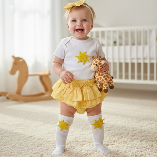 Kız Bebek Çocuk Sarı Fırfırşort Güneş Figürlü Çoraplı Takım