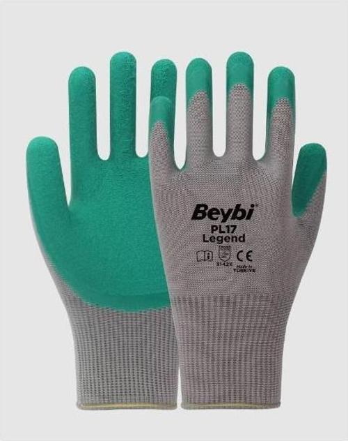 Pl17 9 Beden Gri-Yeşil Legend Polyester Örme Lateks Eldiven (12 Çift)