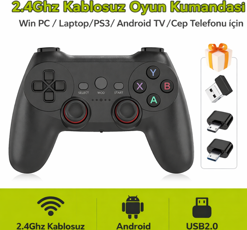 2.4G Kablosuz Oyun Kolu Pilli PC – PS3 – Android TV & Telefon Uyumlu TAK Çalıştır