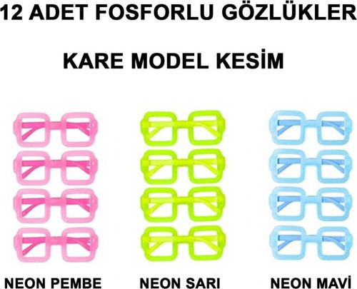 Fosforlu Kare Model Glow Parti Gözlüğü Karanlıkta Yanan Gözlükler 12 Adet