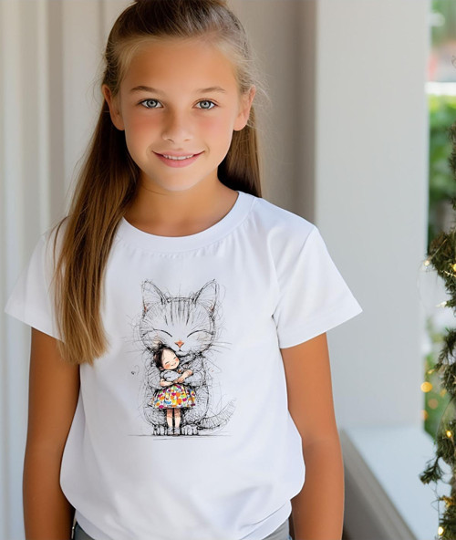 Kedi Ve Kız Baskılı Beyaz Bisiklet Yaka Unisex Tişört