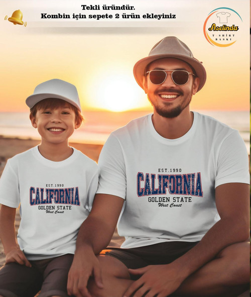 Calıfornıa Baskılı Pamuklu Bisiklet Yaka Unisex T-Shirt Tişört- Aile Kombin Tişört