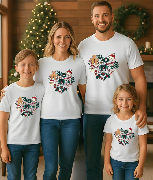 Kalp Detaylı Christmas Temalı Tişört-Aile Kombin Tişört(Kombin Yapmak İçin Ürün Ekleyiniz)