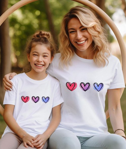 Anne-Kız Kalp Baskılı T-Shirt ,Bisiklet Yaka Tişört/T-Shirt (Tek Adet Fiyatıdır.)