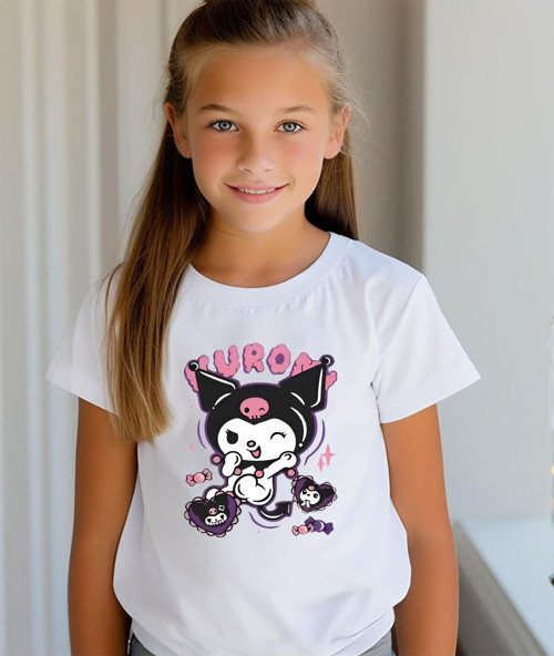 Kuromi Baskılı Bisiklet Yaka Beyaz Tişört/T-Shirt- (Tek Adet Fiyatıdır)-Kız Çocuk Tişörtü