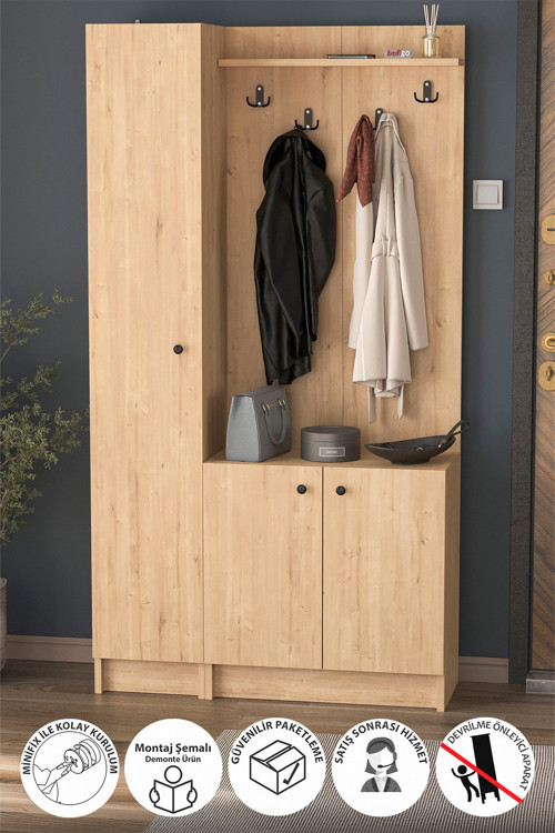 3 Kapaklı Portmanto Elbise Askılığı 7 Bölmeli Vestiyer Ayakkabılık Güneş Buketi Safir Meşe