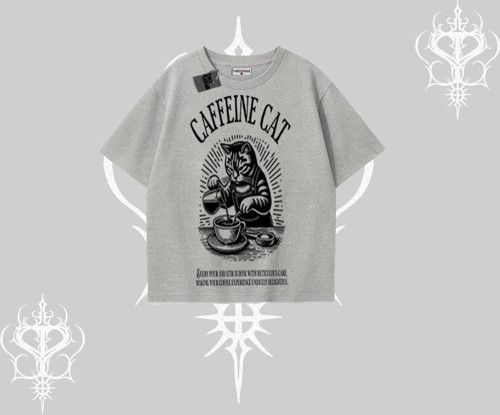 Oversize Tshirt Caffeine Cat Kahve Temalı Kedi Baskılı