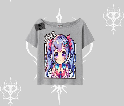 Kayık Yaka Tshirt Hello Anime Kız Sevimli Karakter Baskılı