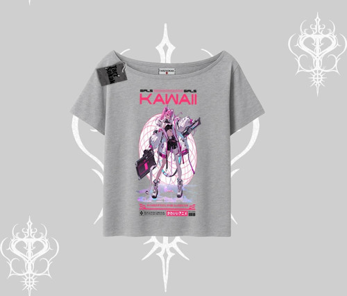 Kayık Yaka Tshirt Kawaii Cyberpunk Kız Japon Stil Baskı