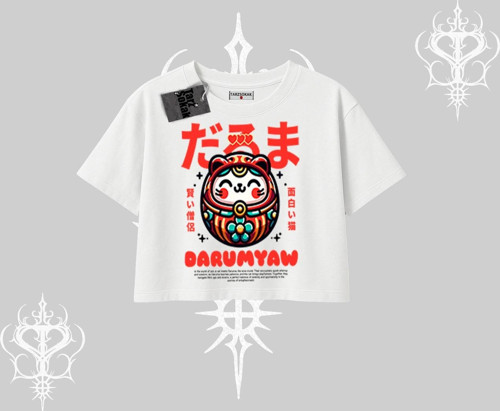 Oversize Crop Tshirt Daruma Kedi Anime Baskılı