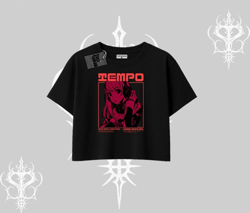 Oversize Crop Tshirt Anime Waifu Kırmızı Grafik Desenli