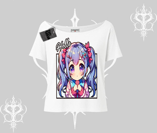 Kayık Yaka Tshirt Hello Anime Kız Sevimli Karakter Baskılı