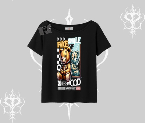 Kayık Yaka Tshirt Fake Smile Mood Ayıcık Grafik Baskılı