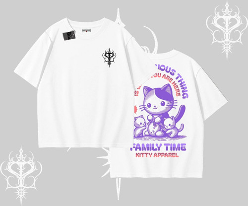 Family Time Yazılı Sevimli Anne Kedi Arka Baskılı Oversize Tshirt