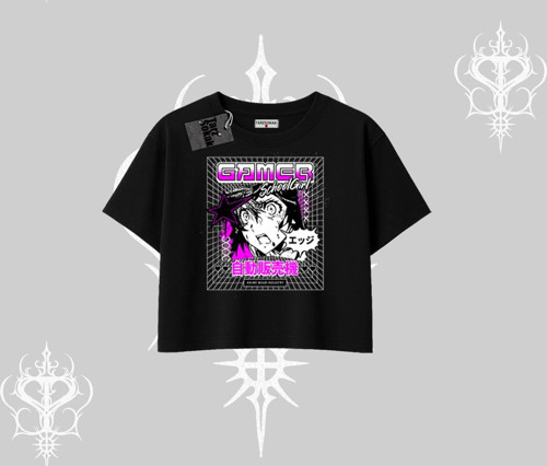 Oversize Crop Tshirt Games Schoolgirl Anime Baskılı