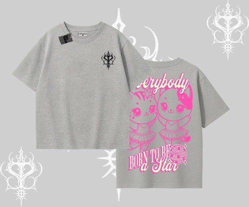 Born to Be a Star Yazılı Sevimli Kedi Arka Baskılı Oversize Tshirt