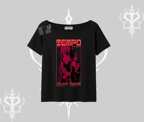 Kayık Yaka Tshirt Anime Waifu Kırmızı Grafik Desenli