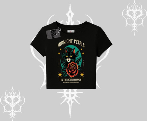 Midnight Petals Kedi Baskılı Babby Tee Tshirt