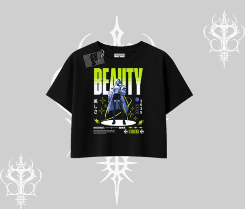 Oversize Crop Tshirt Anime Unity Neon Detaylı Grafik Baskılı
