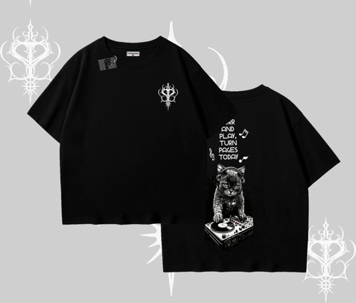 DJ Kedi Baskılı Müzik Temalı Oversize Tshirt