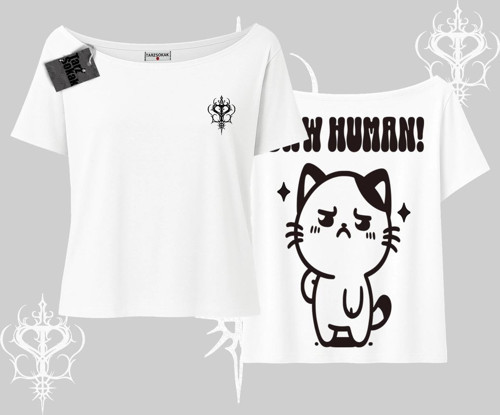 Sevimli Kedi Çizimli Arka Baskılı Kayık Yaka Tshirt