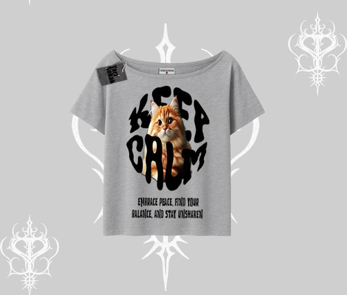 Keep Calm Yazılı Kedi Baskılı Streetwear Kayık Yaka Tshirt