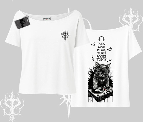 DJ Kedi Baskılı Müzik Temalı Kayık Yaka Tshirt