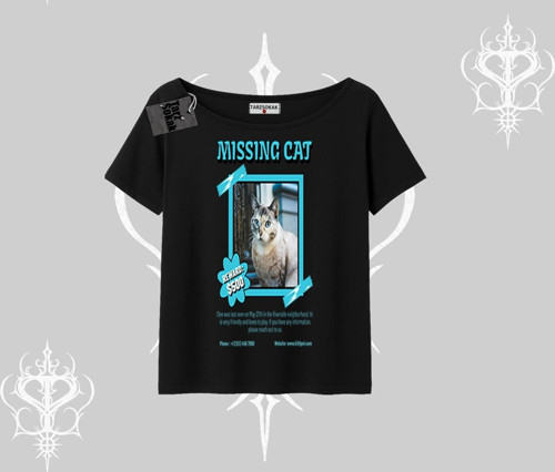 Missing Cat Baskılı Kayık Yaka Tshirt