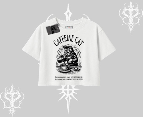 Oversize Crop Tshirt Caffeine Cat Kahve Temalı Kedi Baskılı
