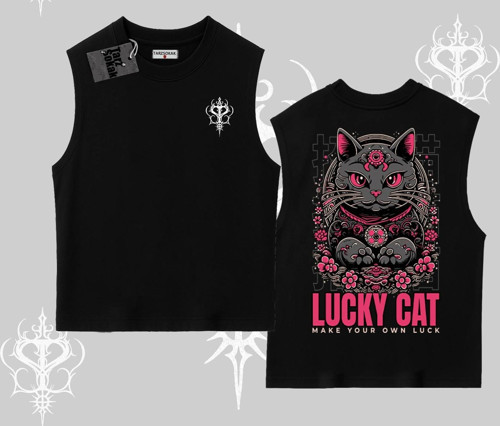 Lucky Cat Japon Tarzı Kedi Baskılı Kolsuz Tshirt