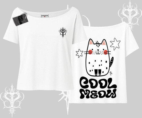 Cool Meow Yazılı Sevimli Kedi Arka Baskılı Kayık Yaka Tshirt