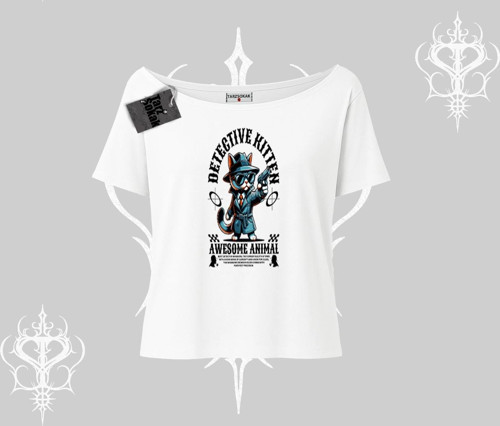 Detective Kitten Kedi Baskılı Kayık Yaka Tshirt