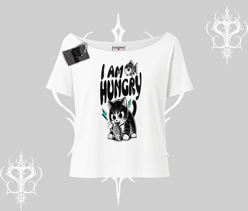 Am Hungry Kedi Baskılı Kayık Yaka Tshirt