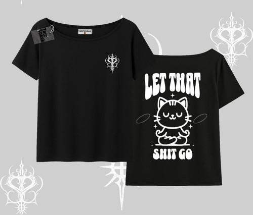 Meditasyon Yapan Kedi Baskılı Kayık Yaka Tshirt