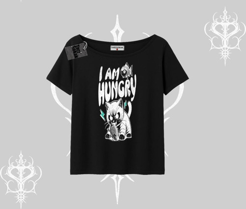 Am Hungry Kedi Baskılı Kayık Yaka Tshirt