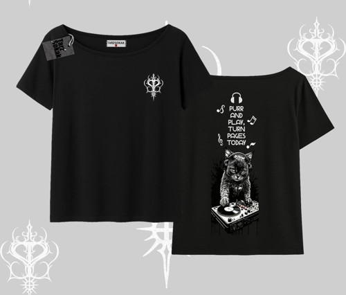 DJ Kedi Baskılı Müzik Temalı Kayık Yaka Tshirt