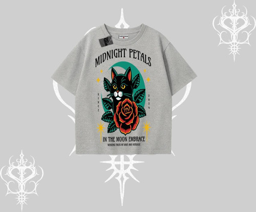 Midnight Petals Kedi Baskılı Oversize Tshirt