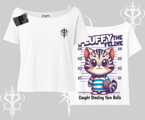 Fluffy The Feline Yazılı Sevimli Kedi Arka Baskılı Kayık Yaka Tshirt