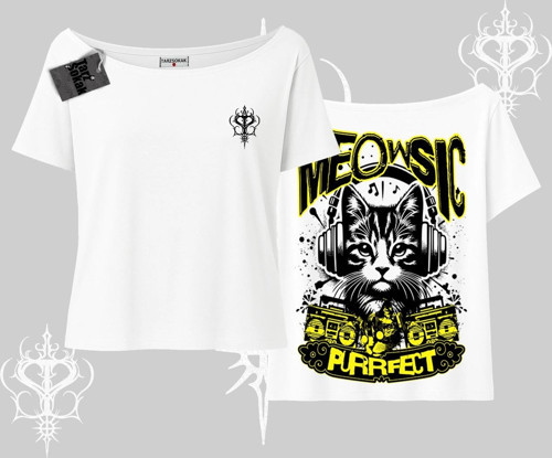 Meowsic Purrfect Kedi Arka Baskılı Kayık Yaka Tshirt