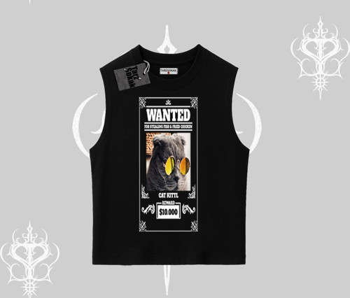 Wanted Temalı Kedi Baskılı Kolsuz Tshirt