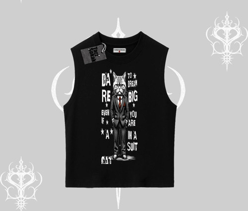 Dream Big Yazılı Takım Elbiseli Kedi Baskılı Kolsuz Tshirt