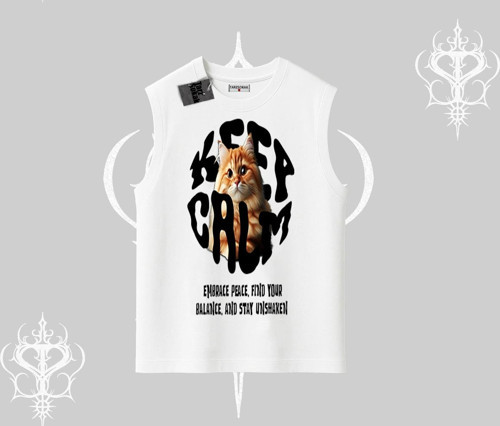 Keep Calm Yazılı Kedi Baskılı Streetwear Kolsuz Tshirt
