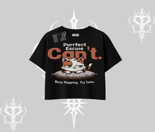 Kedi Baskılı Cant Busy Napping Y2K Oversize Crop Tshirt