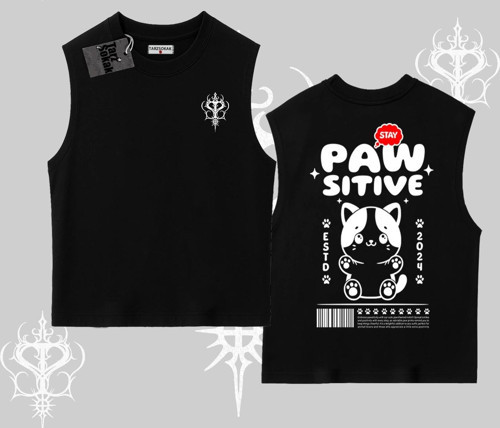 Paw Sitive Kedi Arka Baskılı Kolsuz Tshirt