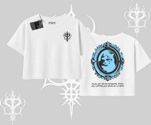Çerçeveli Kedi Baskılı Oversize Crop Tshirt