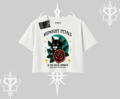Midnight Petals Kedi Baskılı Oversize Crop Tshirt