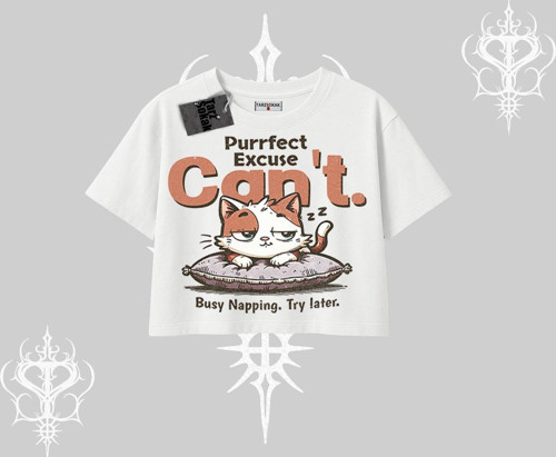Kedi Baskılı Cant Busy Napping Y2K Oversize Crop Tshirt