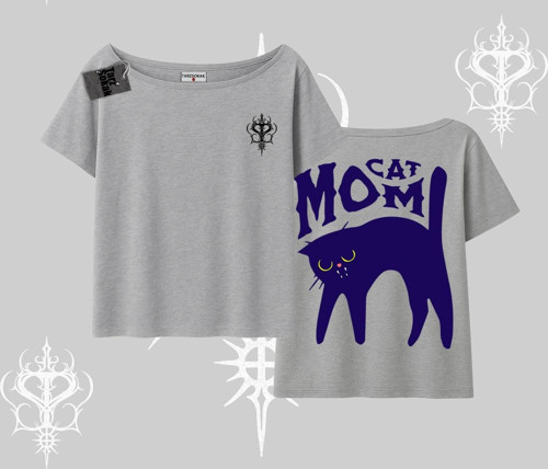 Cat Mom Yazılı Minimal Kedi Arka Baskılı Kayık Yaka Tshirt