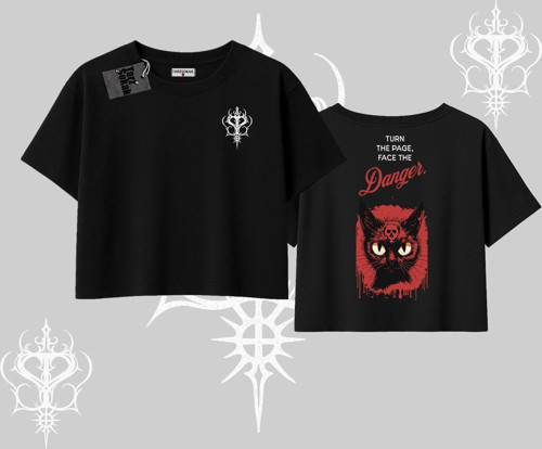 Gotik Kedi Arka Baskılı Oversize Crop Tshirt